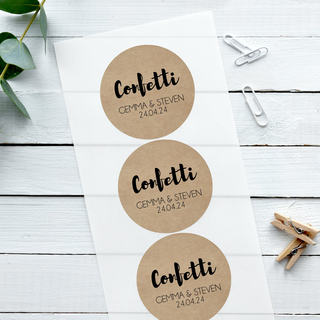 Personalised Biodegradable Kraft Brown Stickers Contemporary Confetti Wedding Sticker