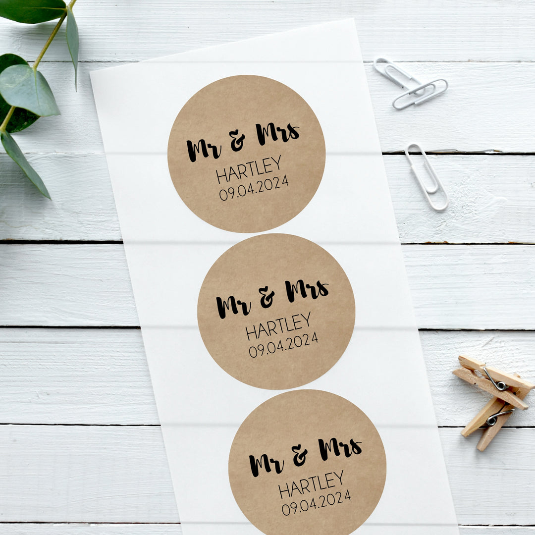Personalised Biodegradable Kraft Brown Stickers Contemporary Mr & Mrs Wedding Sticker