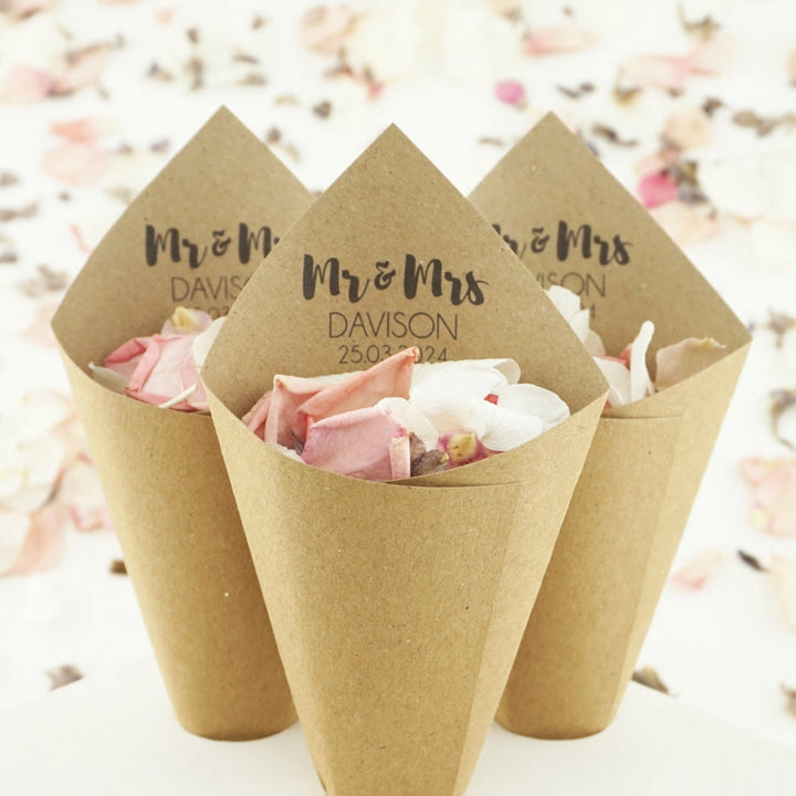 Handcrafted Personalised Mr & Mrs Contemporary Wedding Confetti Cones