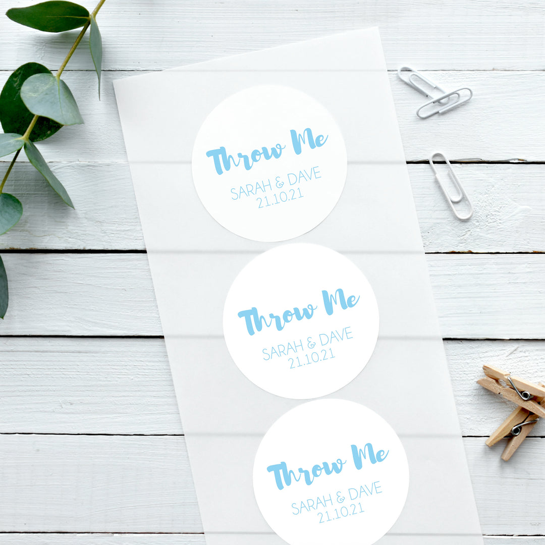 Personalised Glossy White Stickers Contemporary Throw Me Wedding Sticker