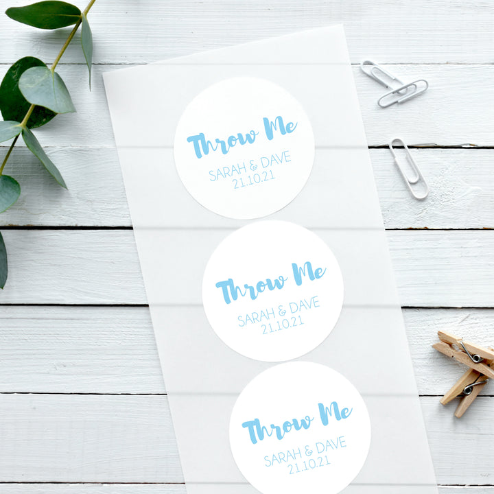 Personalised Glossy White Stickers Contemporary Throw Me Wedding Sticker