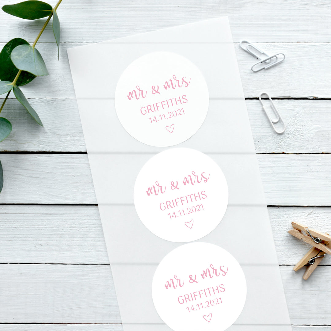 Biodegradable Personalised Glossy White Stickers Adorable Mr & Mrs Wedding Sticker