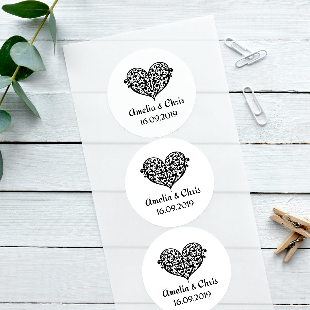 Personalised Glossy White Stickers Ornate Heart Wedding Sticker