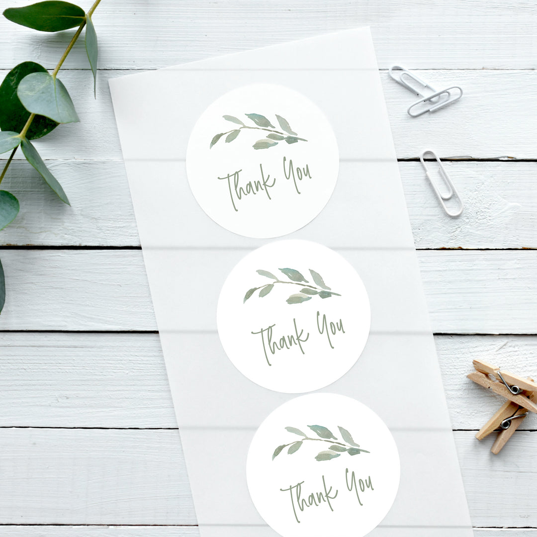 Watercolour Leaf Thank You Glossy White Stickers Wedding Sticker