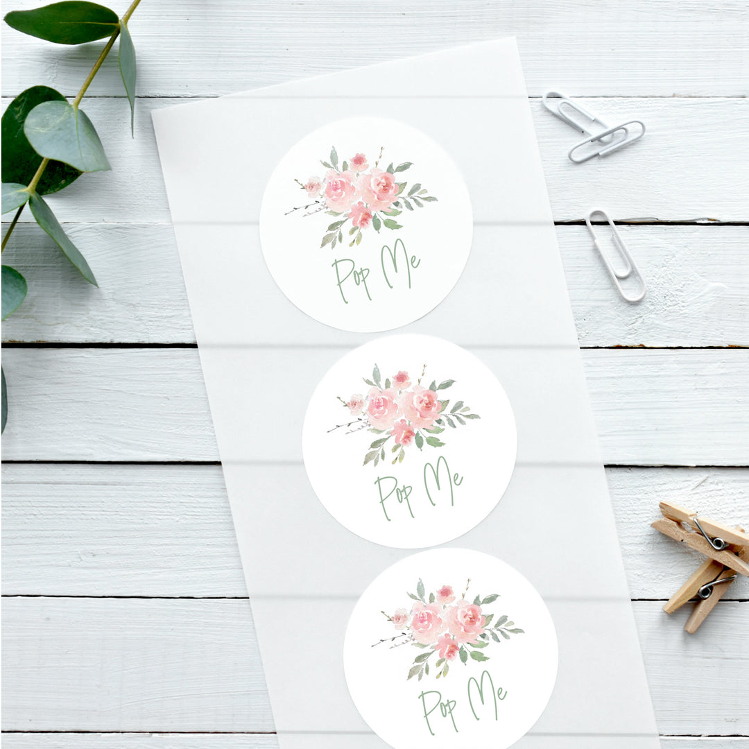 Watercolour Rose Pop Me Glossy White Stickers Wedding Sticker