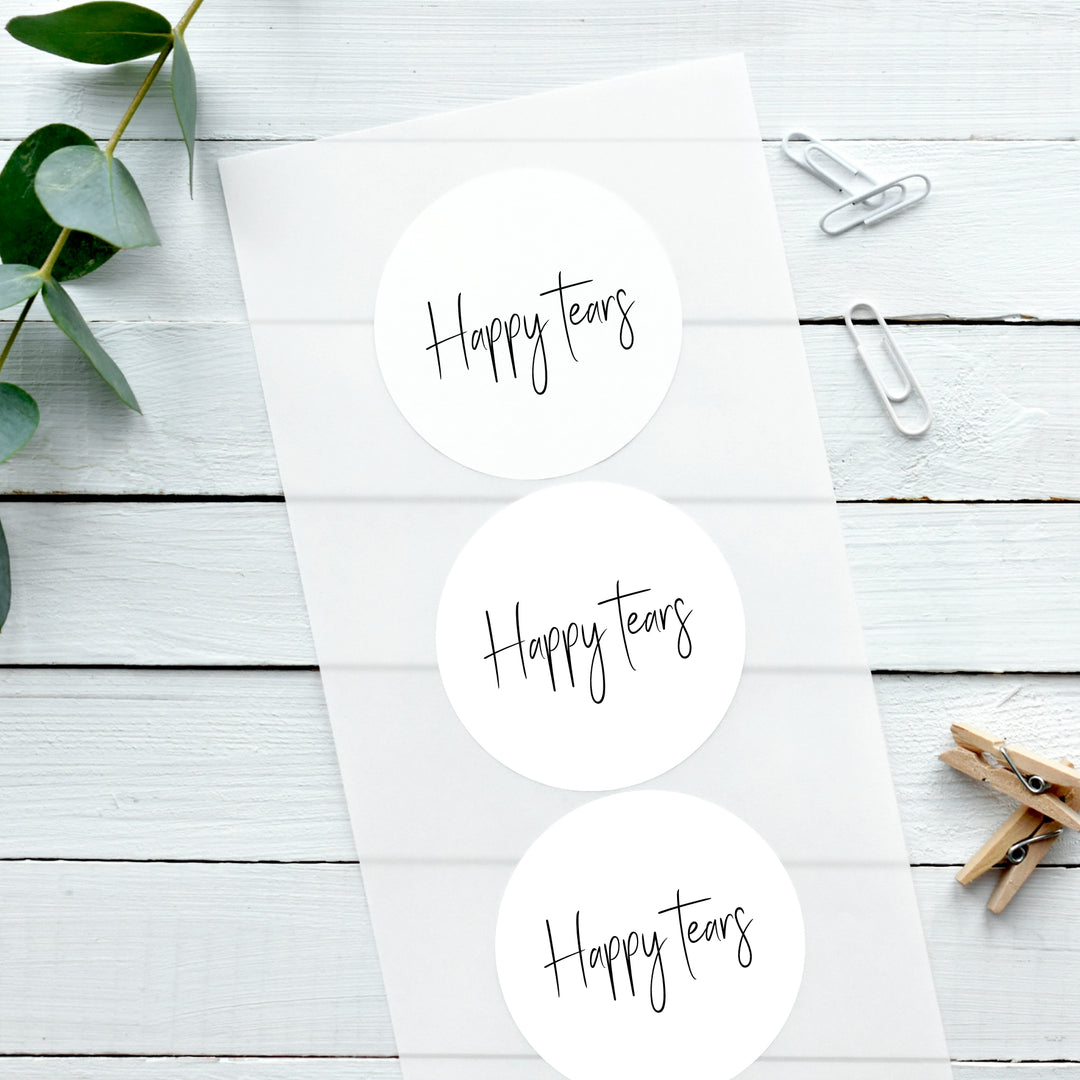 Biodegradable Glossy White Stickers Whimsical Happy Tears Wedding Sticker