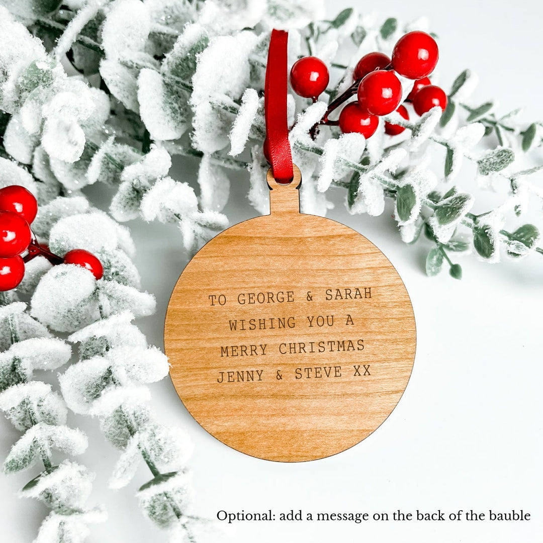 Personalised Wooden Laser Engraved Christmas Bauble Ornate Heart Mr & Mrs