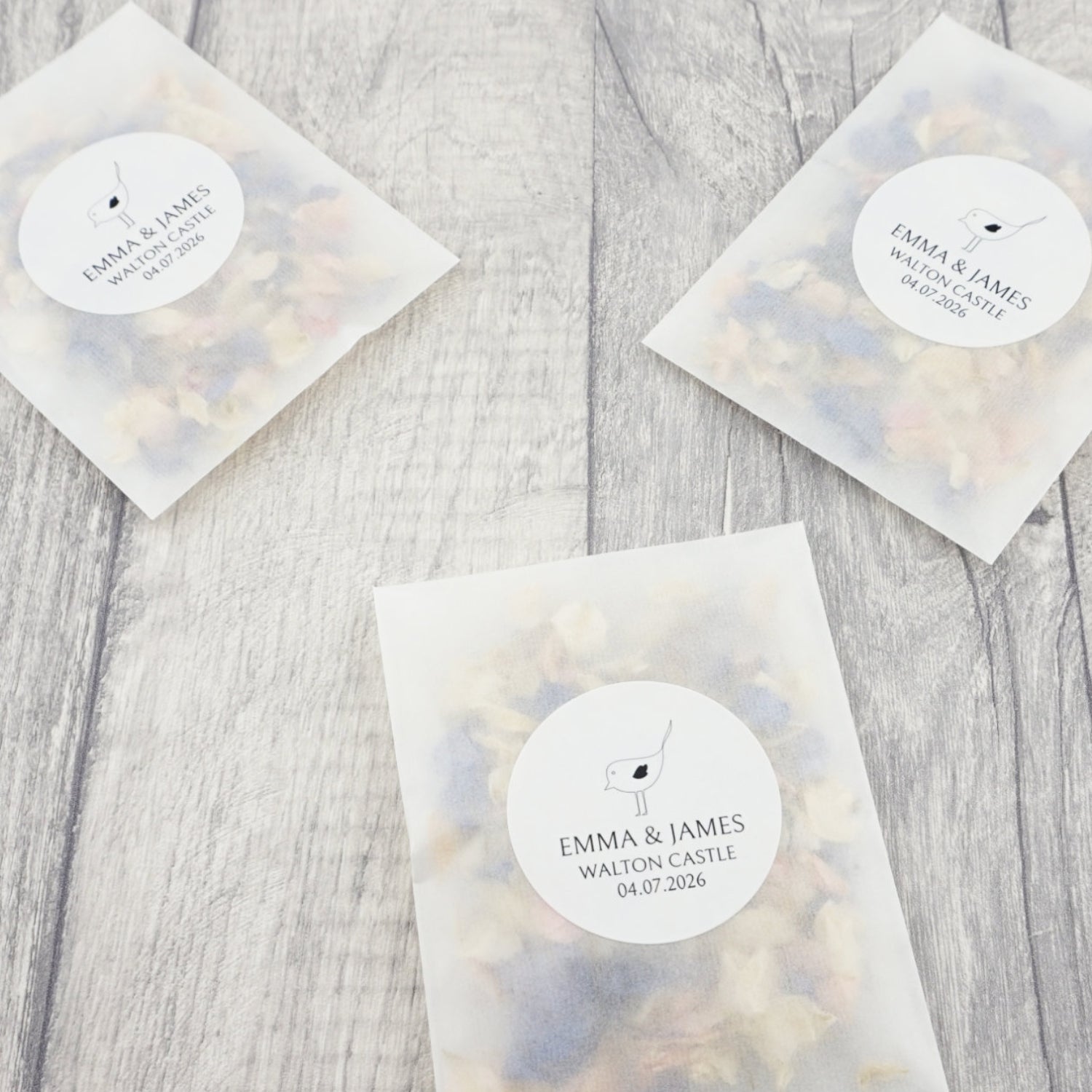 Wedding confetti sachets - confetti envelopes - Personalised wedding confetti bags - Bird - personalised names - filled confetti bags - larkspur petals - petal confetti - biodegradable confetti - The Dried Petal Company