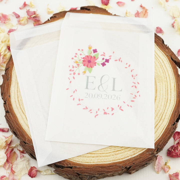 Personalised Glassine Envelopes for Confetti Bags Floral Wreath (Empty)