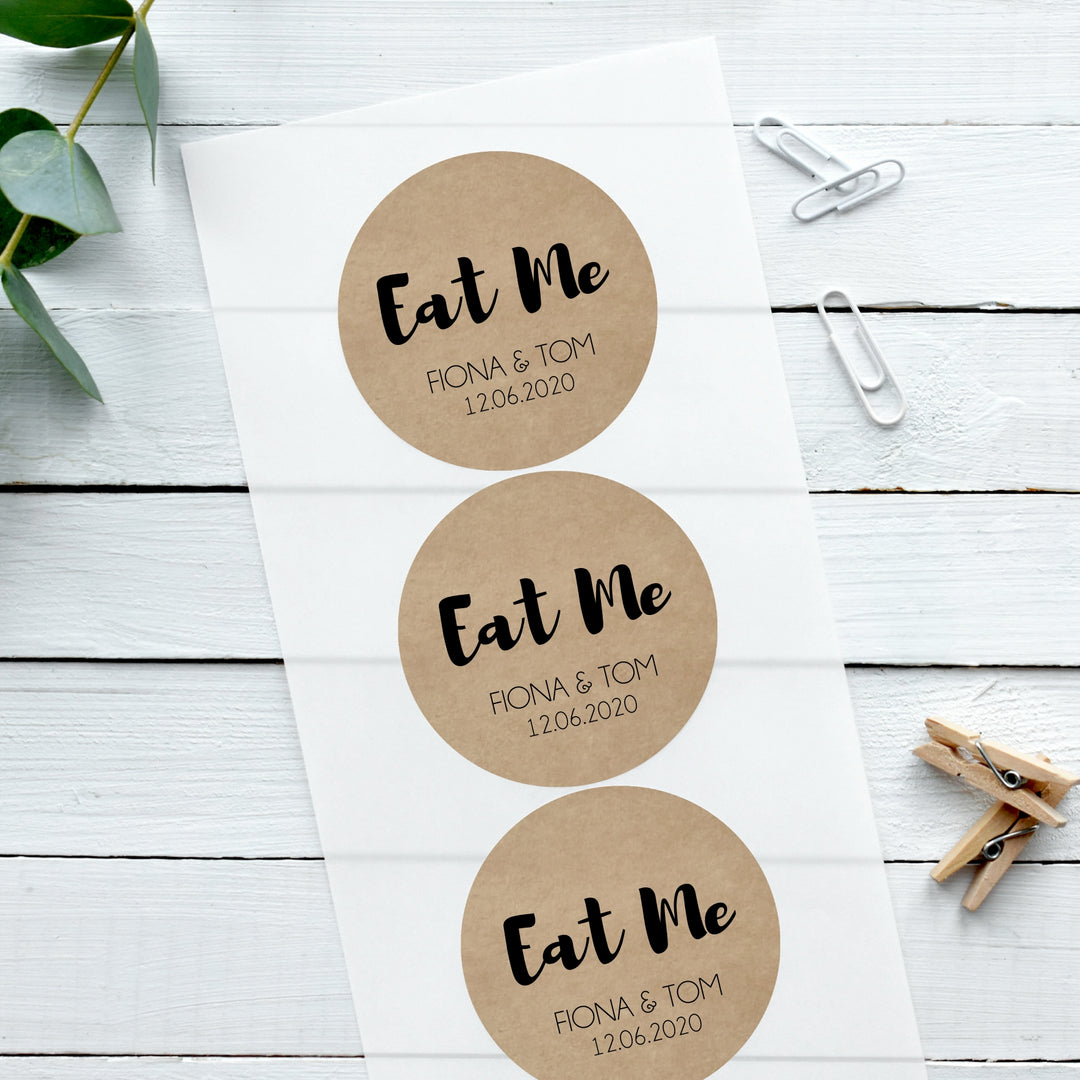 Personalised Biodegradable Kraft Brown Stickers Contemporary Eat Me Wedding Sticker