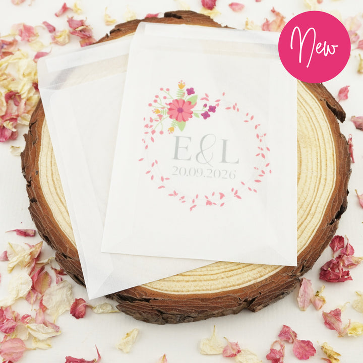 Personalised Glassine Envelopes for Confetti Bags Floral Wreath (Empty)