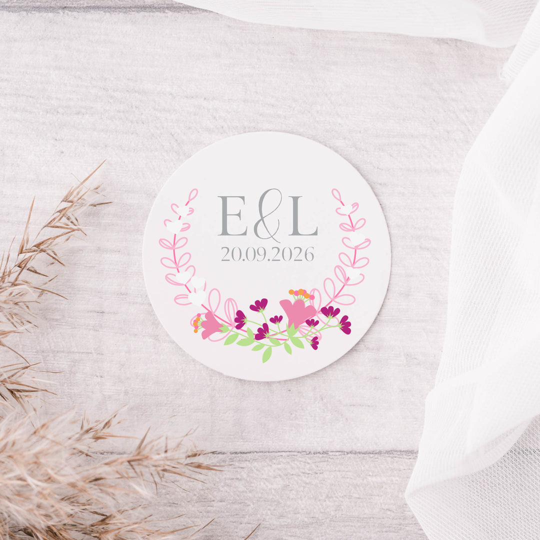 Personalised Glossy White Stickers Floral Wreath 50mm