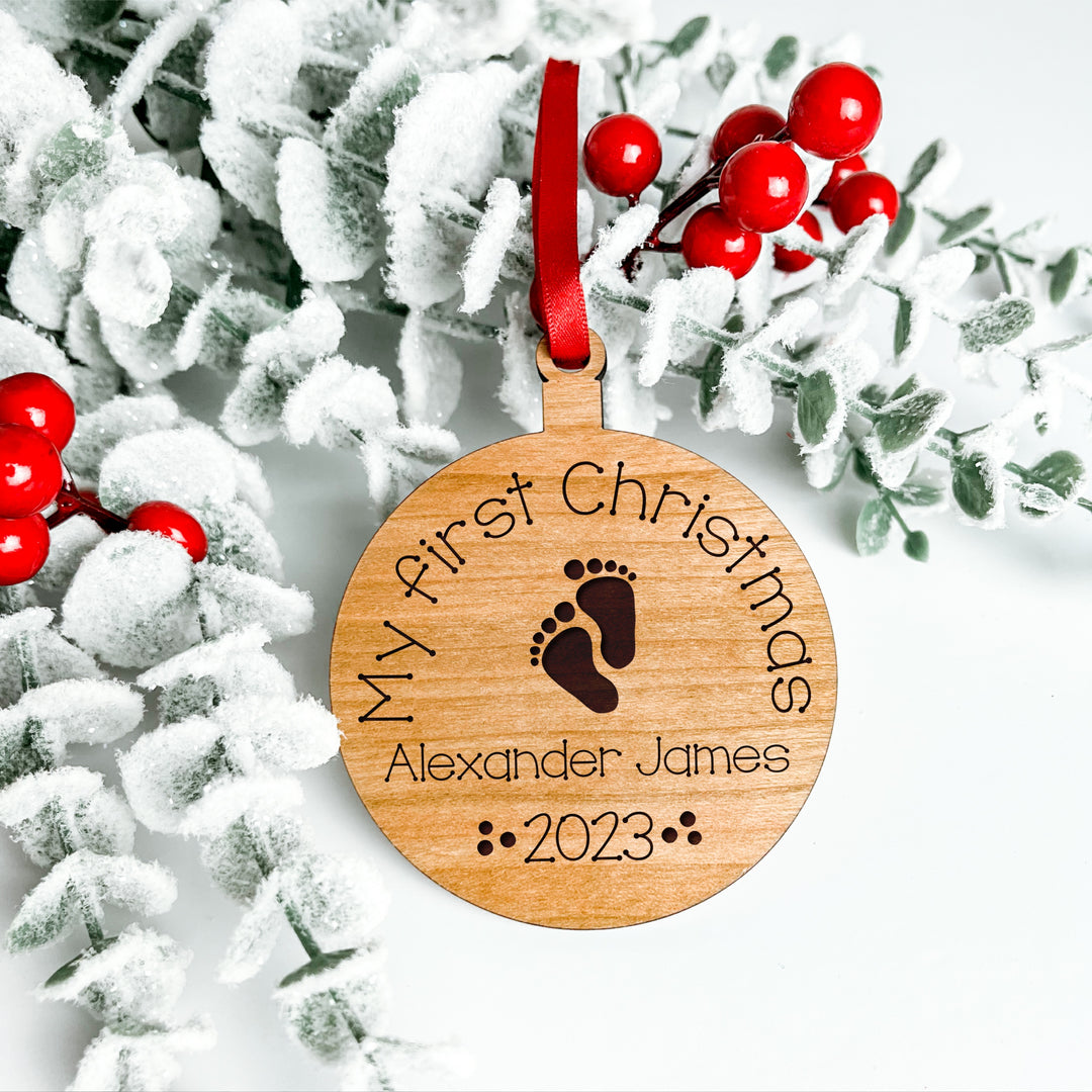 Personalised Wooden Laser Engraved Christmas Bauble Footprints