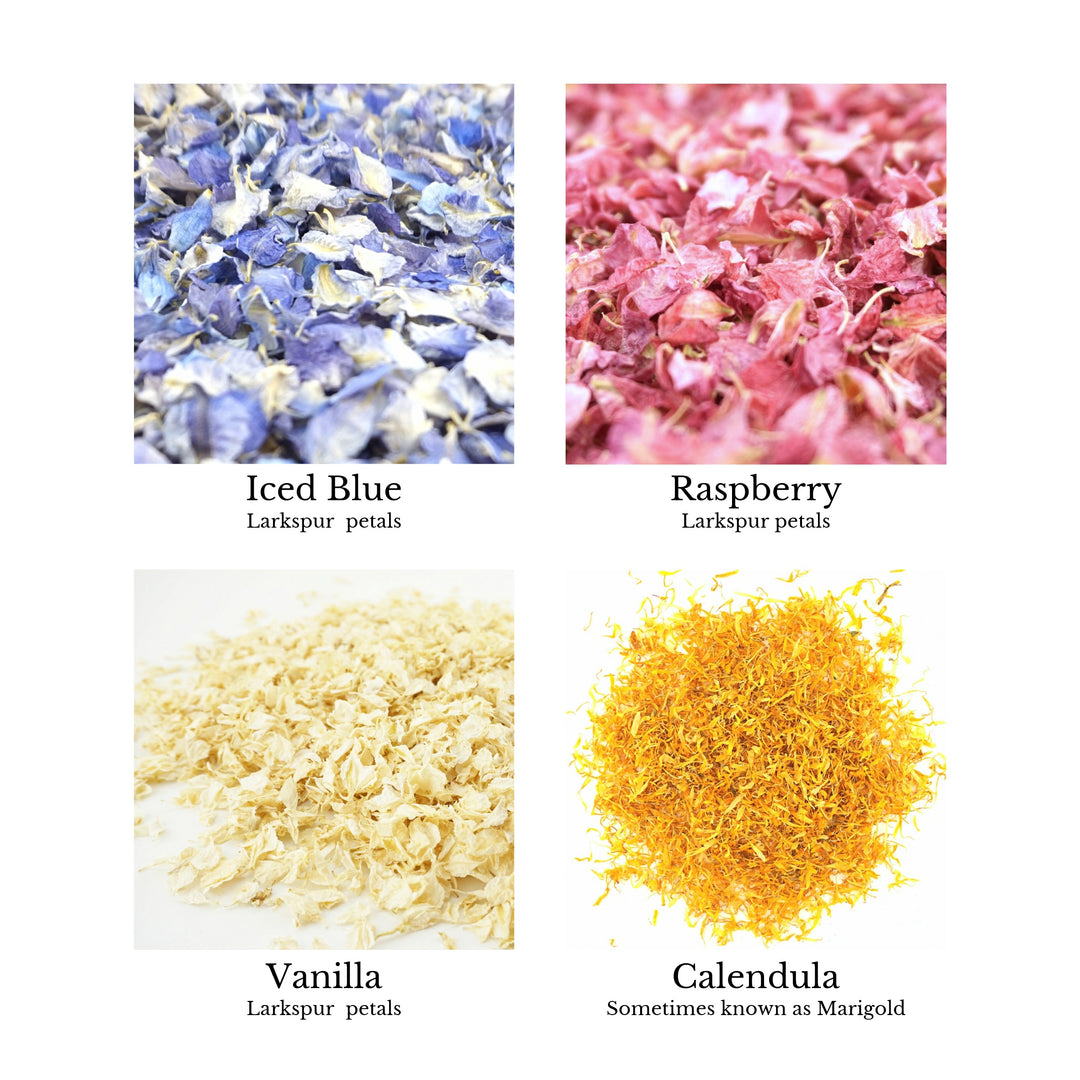 Create your own confetti mix - wedding confetti petals - biodegradable confetti - natural confetti - real flower petals - larkspur petals - calendula petals - petal colour chart - The Dried Petal Company