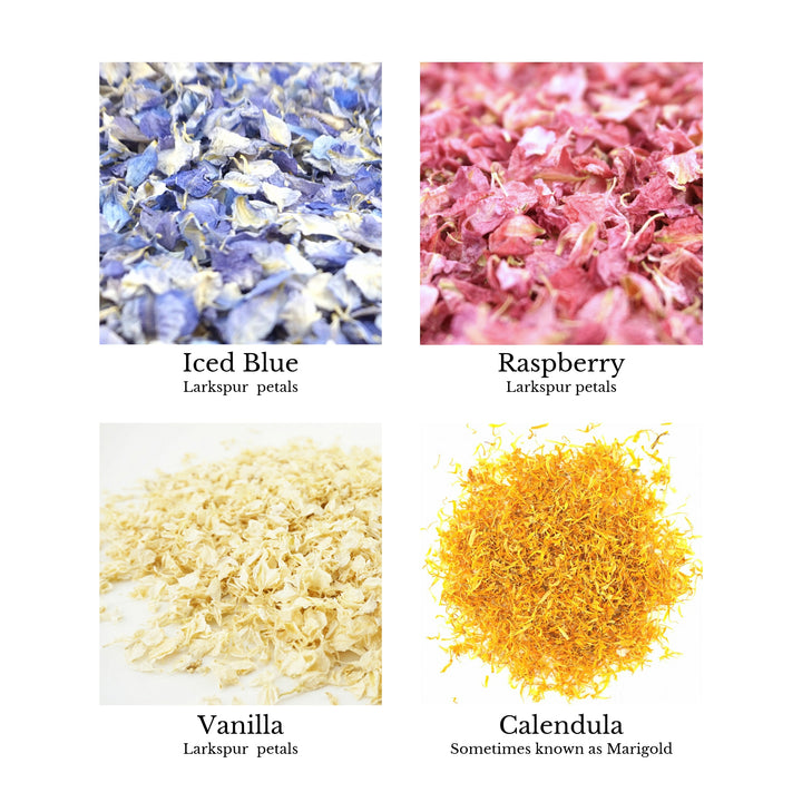 Create your own confetti mix - wedding confetti petals - biodegradable confetti - natural confetti - real flower petals - larkspur petals - calendula petals - petal colour chart - The Dried Petal Company