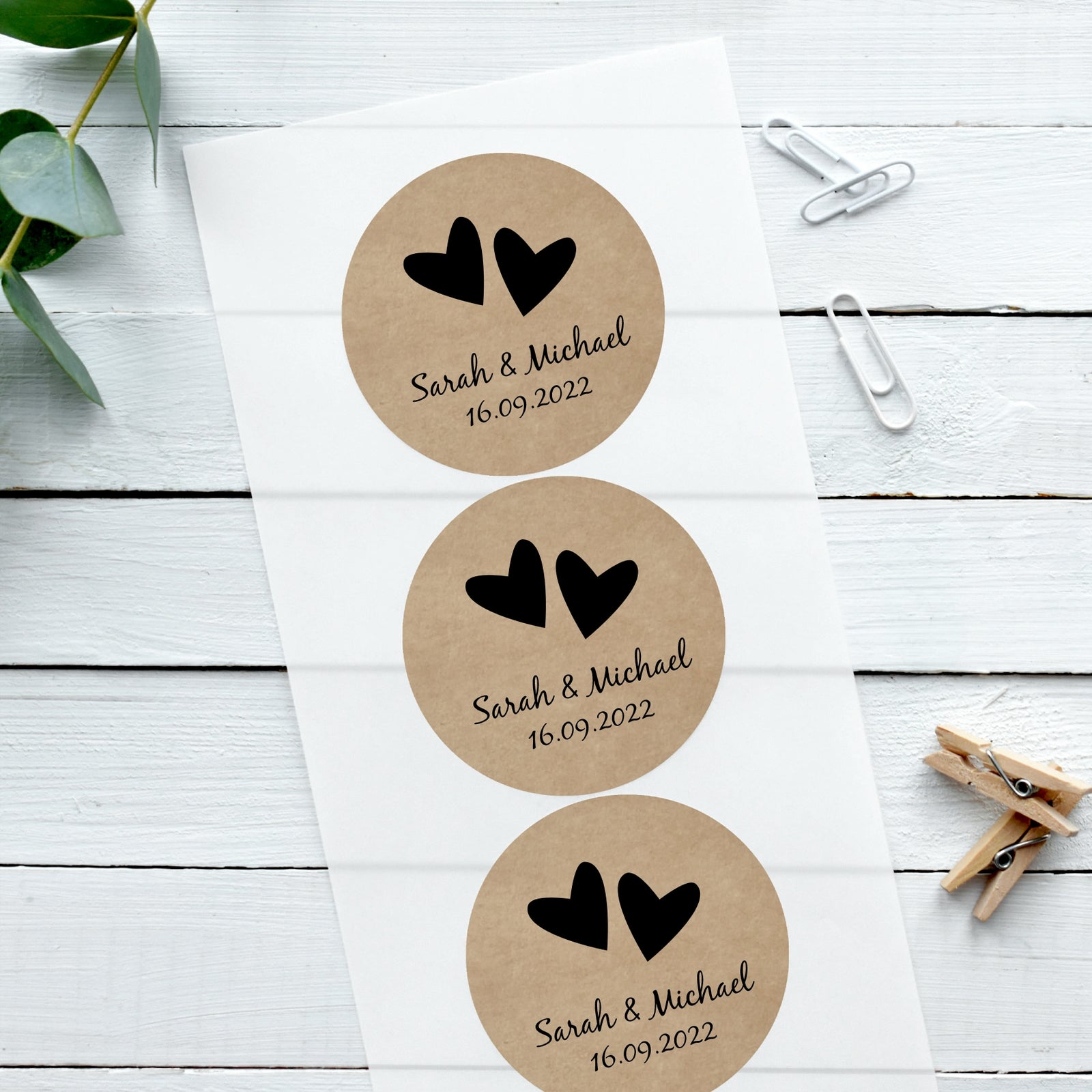 Wedding stickers - Personalised stickers - Two Hearts - Kraft Brown stickers - The Dried Petal Company
