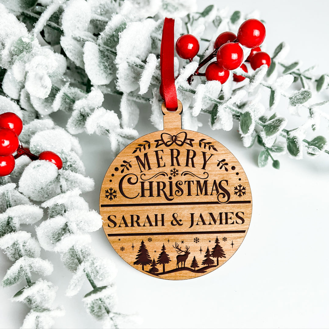 Personalised Wooden Laser Engraved Christmas Bauble Merry Christmas Forest