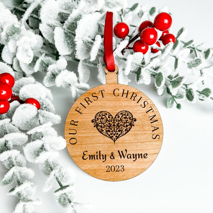Personalised Wooden Laser Engraved Christmas Bauble Ornate Heart Our First Christmas