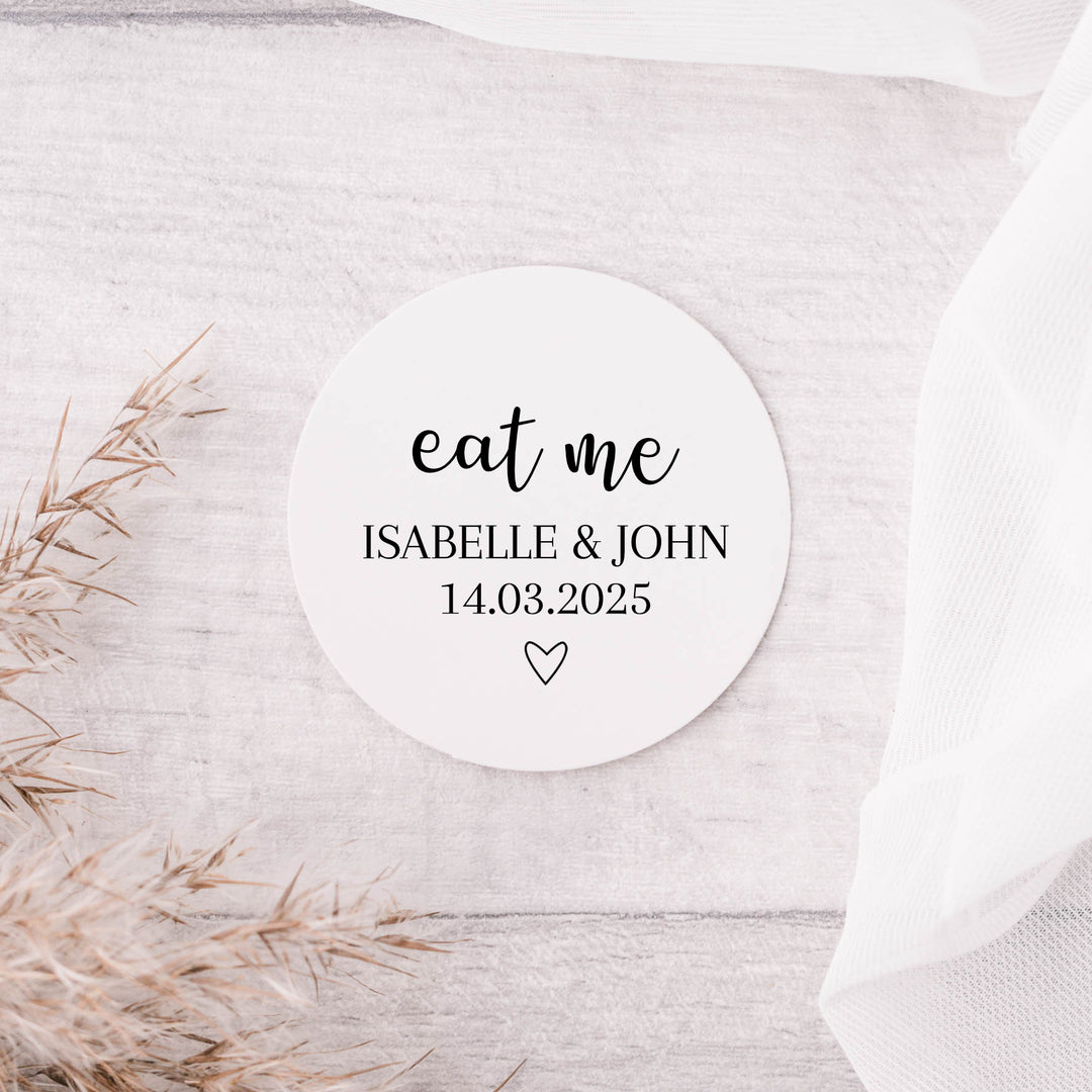 Personalised Glossy White Stickers Romantic Eat Me Wedding Stickers