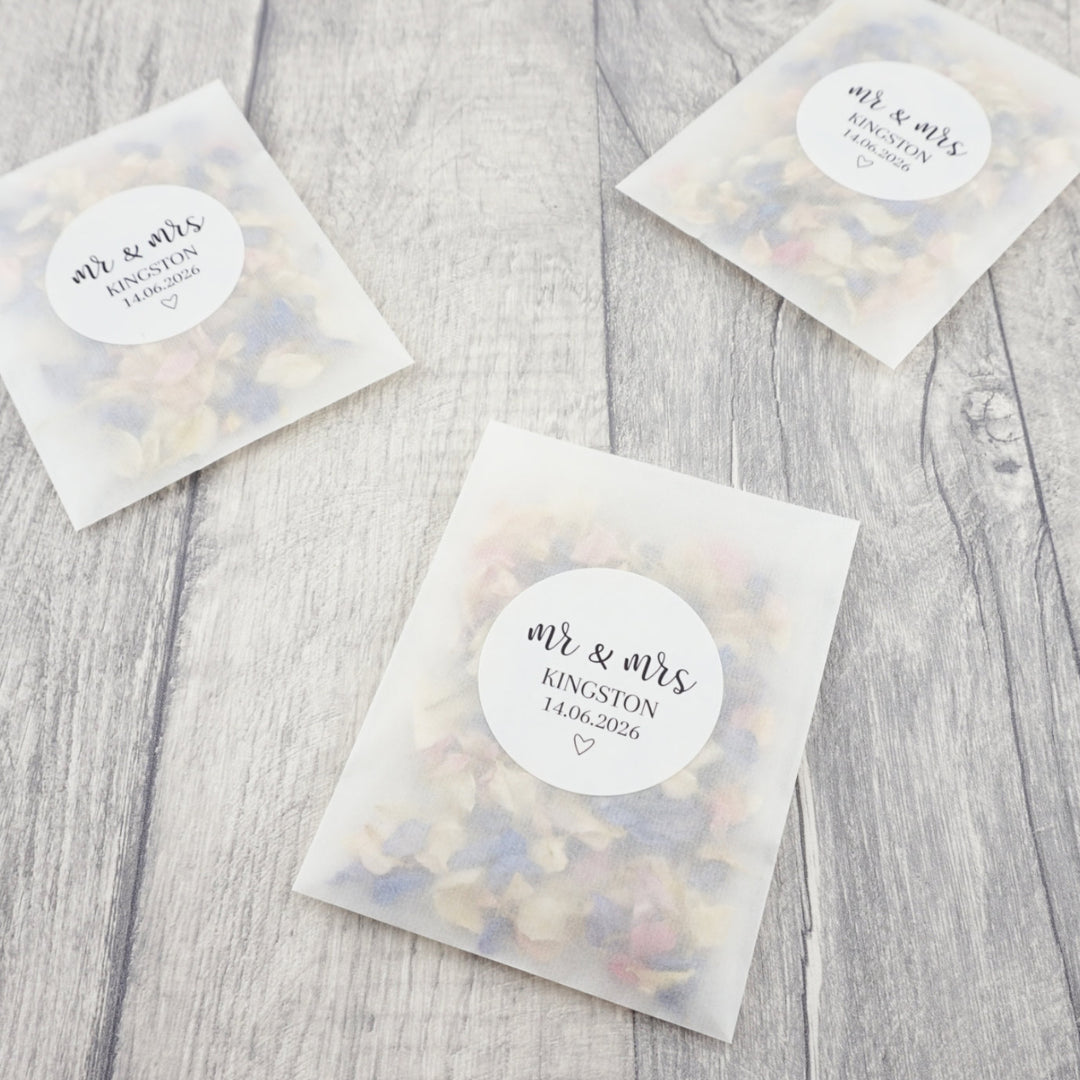 Glassine Envelopes Personalised Romantic Mr & Mrs Sticker with Confetti Petals