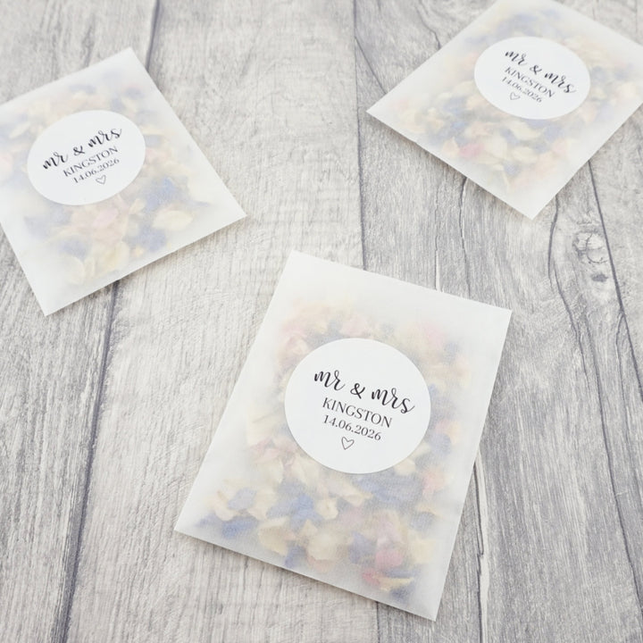 Glassine Envelopes Personalised Romantic Mr & Mrs Sticker with Confetti Petals