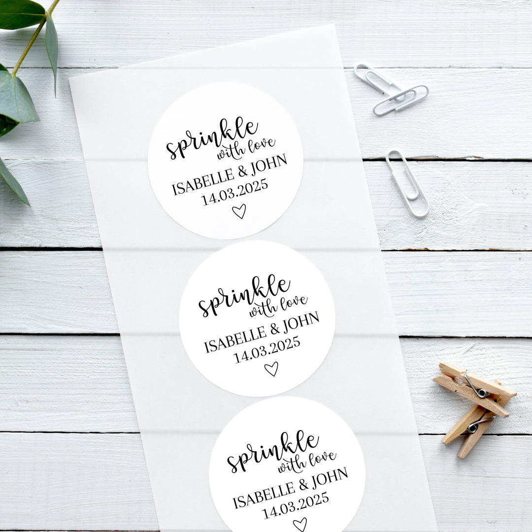 Personalised Glossy White Stickers Romantic Sprinkle with love Wedding Stickers