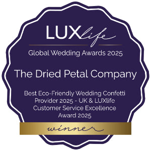 LUXlife Global Wedding Awards 2025 badge for The Dried Petal Company - Best Eco-Friendly Wedding Confetti Provider and Customer Service Excellence