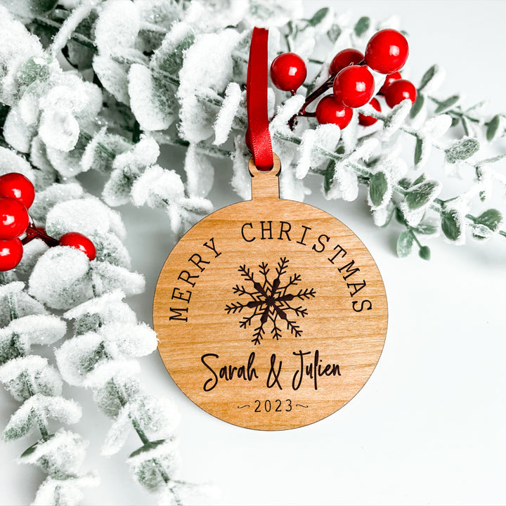 Personalised Wooden Laser Engraved Christmas Bauble Snowflake Merry Christmas