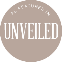 Circular logo with 'As Featured in Unveiled' text on a beige background