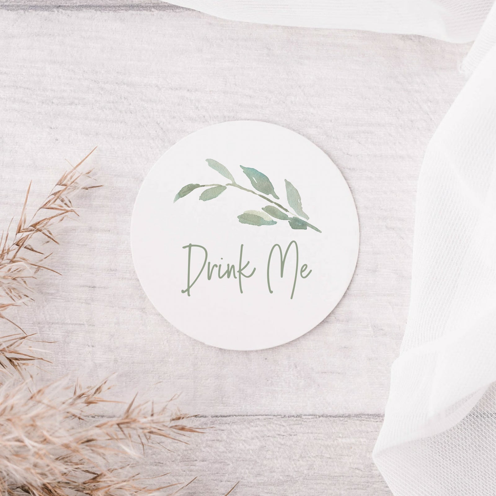 Wedding stickers - Watercolour Leaf - Drink Me - Glossy white stickers - The Dried Petal Company