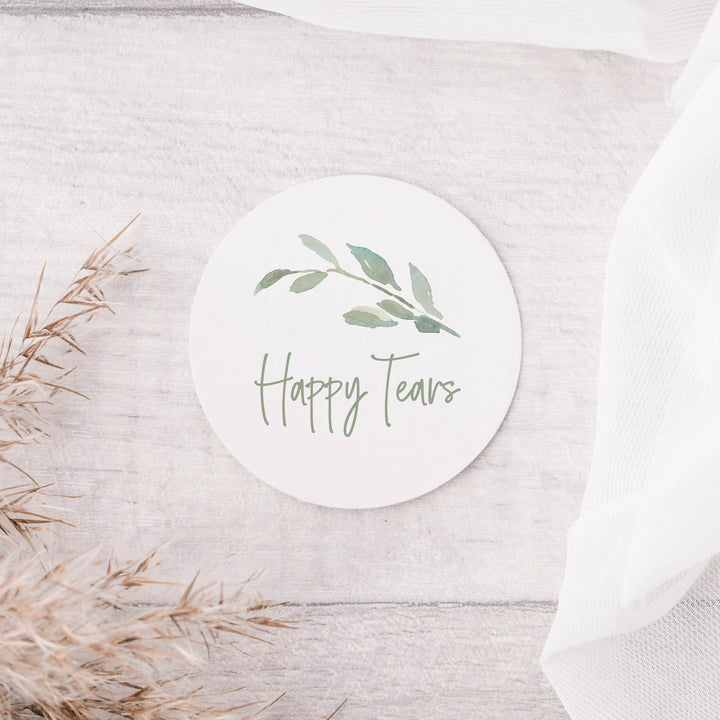 Watercolour Leaf Happy Tears Glossy White Stickers Wedding Sticker