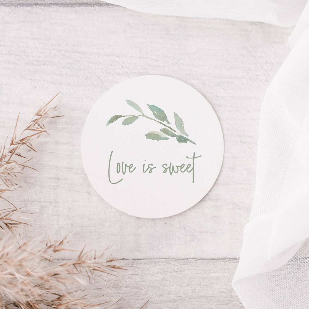 Watercolour Leaf Love is Sweet Glossy White Stickers Wedding Sticker
