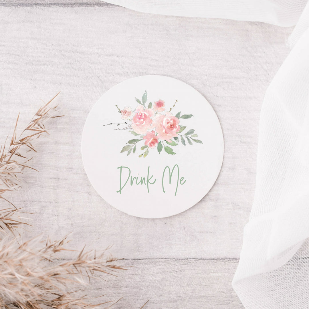 Watercolour Rose Drink Me Glossy White Stickers Wedding Stickers
