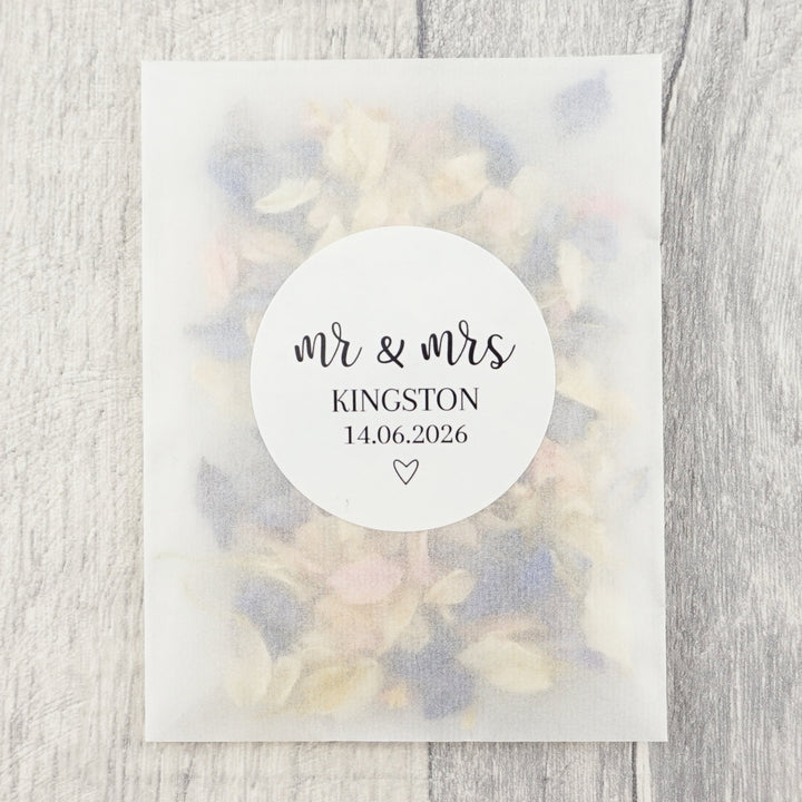 Glassine Envelopes Personalised Romantic Mr & Mrs Sticker with Confetti Petals