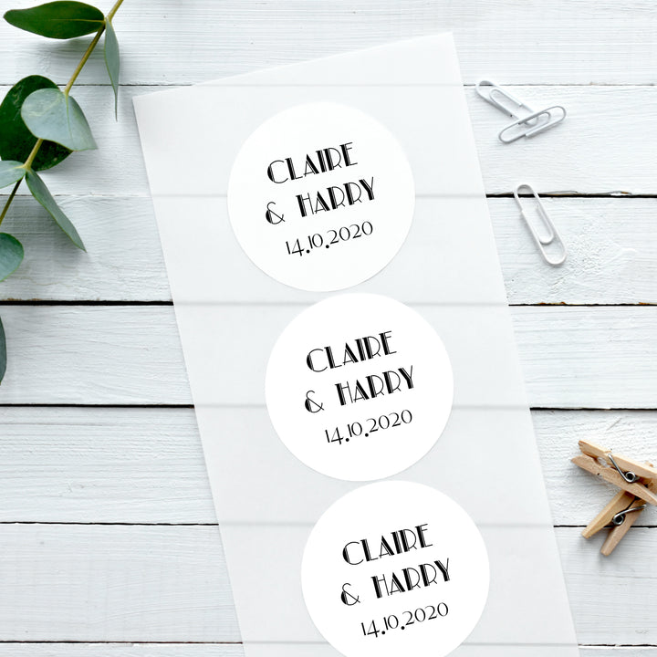 Biodegradable Personalised Glossy White Stickers 1920s Inspired Wedding Sticker