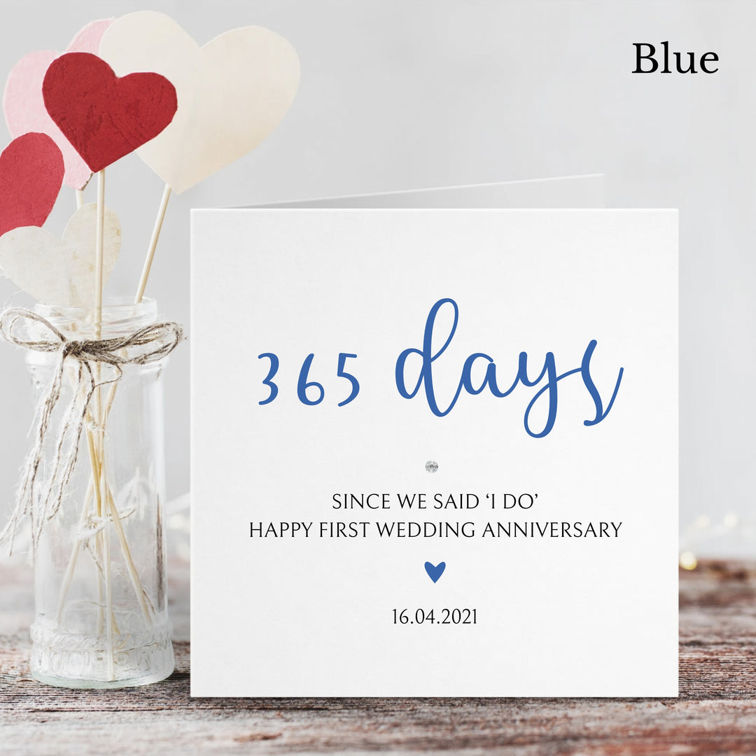 Personalised Love Heart 365 days Wedding Anniversary Card in 5 colours