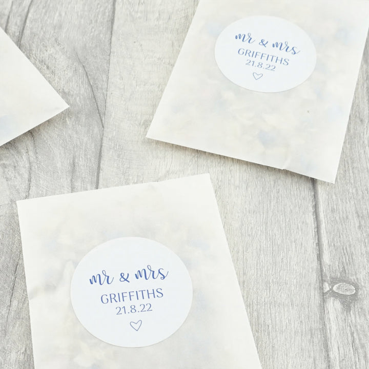 Glassine Envelopes with Personalised Adorable Mr & Mrs Sticker & Dried Petal Confetti