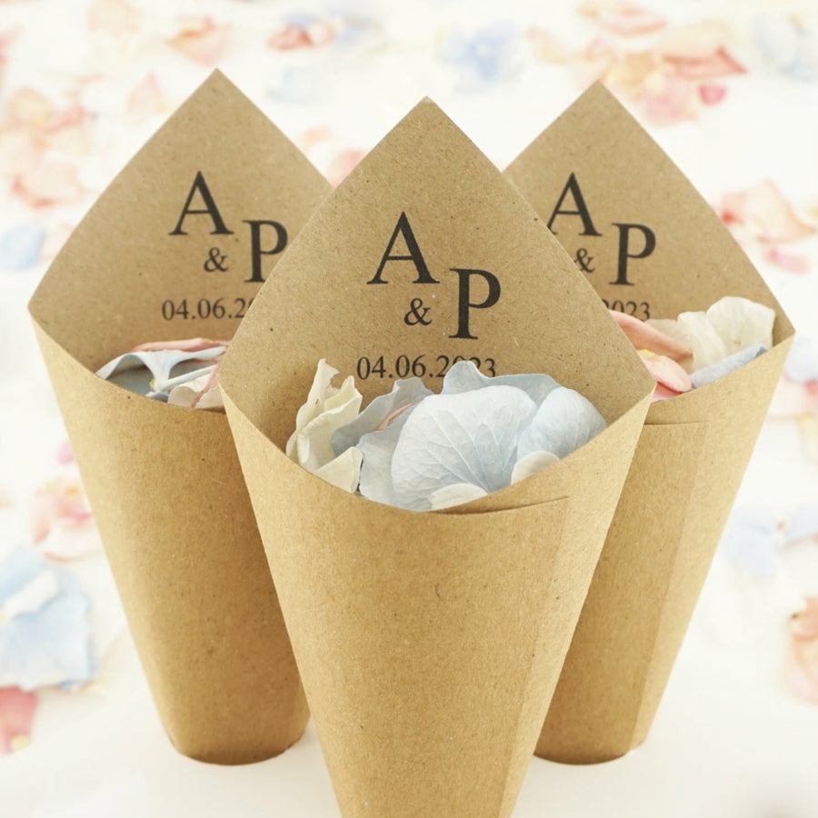 Personalised Wedding Confetti Cones  Classic Initials Cones - Crafted from Recycled paperstock - Eco-Friendly Confetti Cones - Sustainable Wedding Ideas - The Dried Petal Company