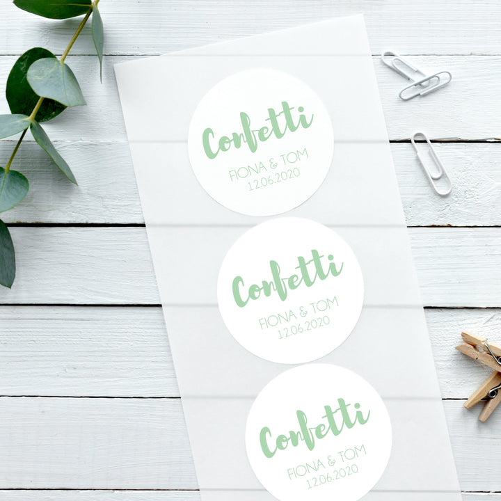 Biodegradable Personalised Glossy White Stickers Contemporary Confetti Wedding Sticker