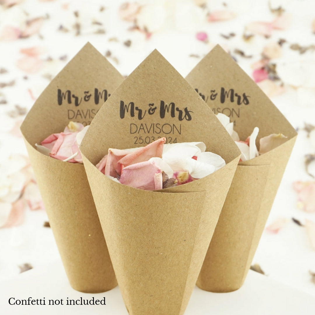 Handcrafted Personalised Mr & Mrs Contemporary Wedding Confetti Cones