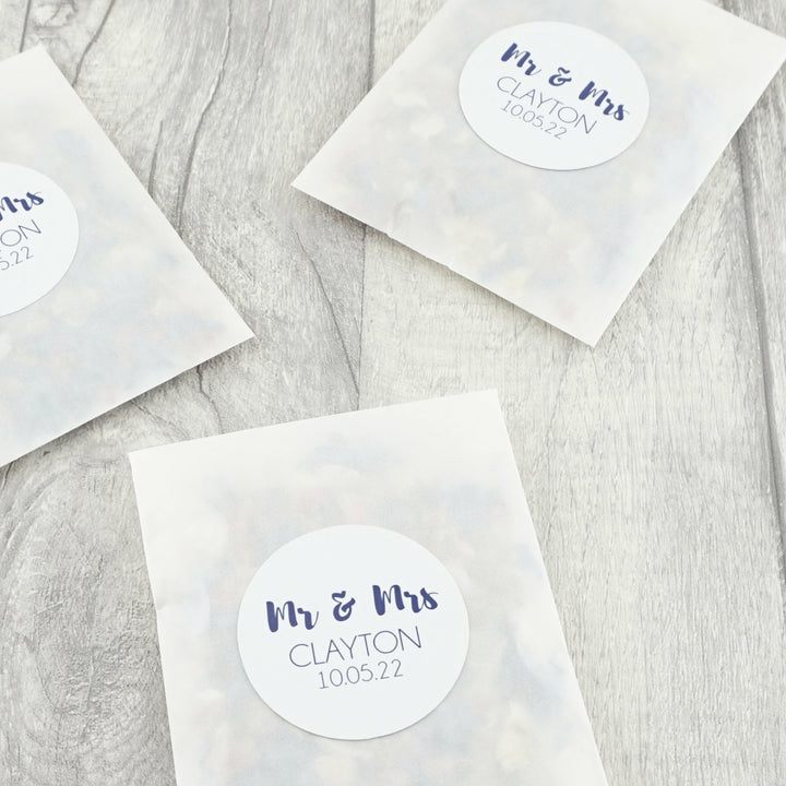 Glassine Envelopes with Personalised Mr & Mrs Sticker & Dried Petal Confetti