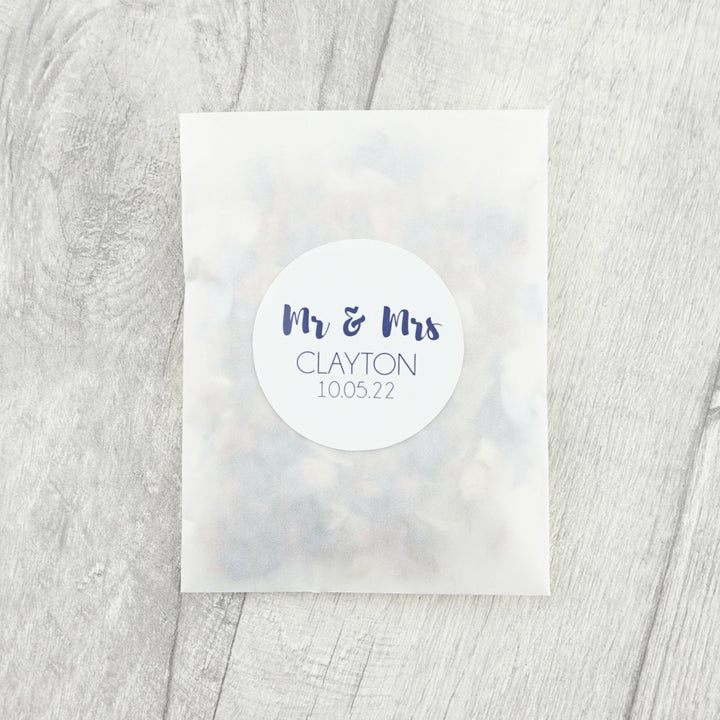 Glassine Envelopes with Personalised Mr & Mrs Sticker & Dried Petal Confetti