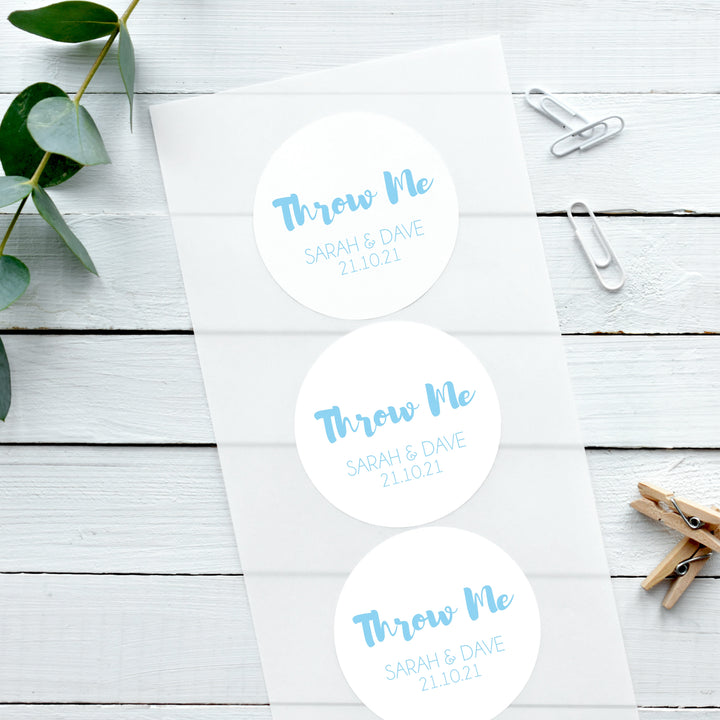 Biodegradable Personalised Glossy White Stickers Contemporary Throw Me Wedding Sticker