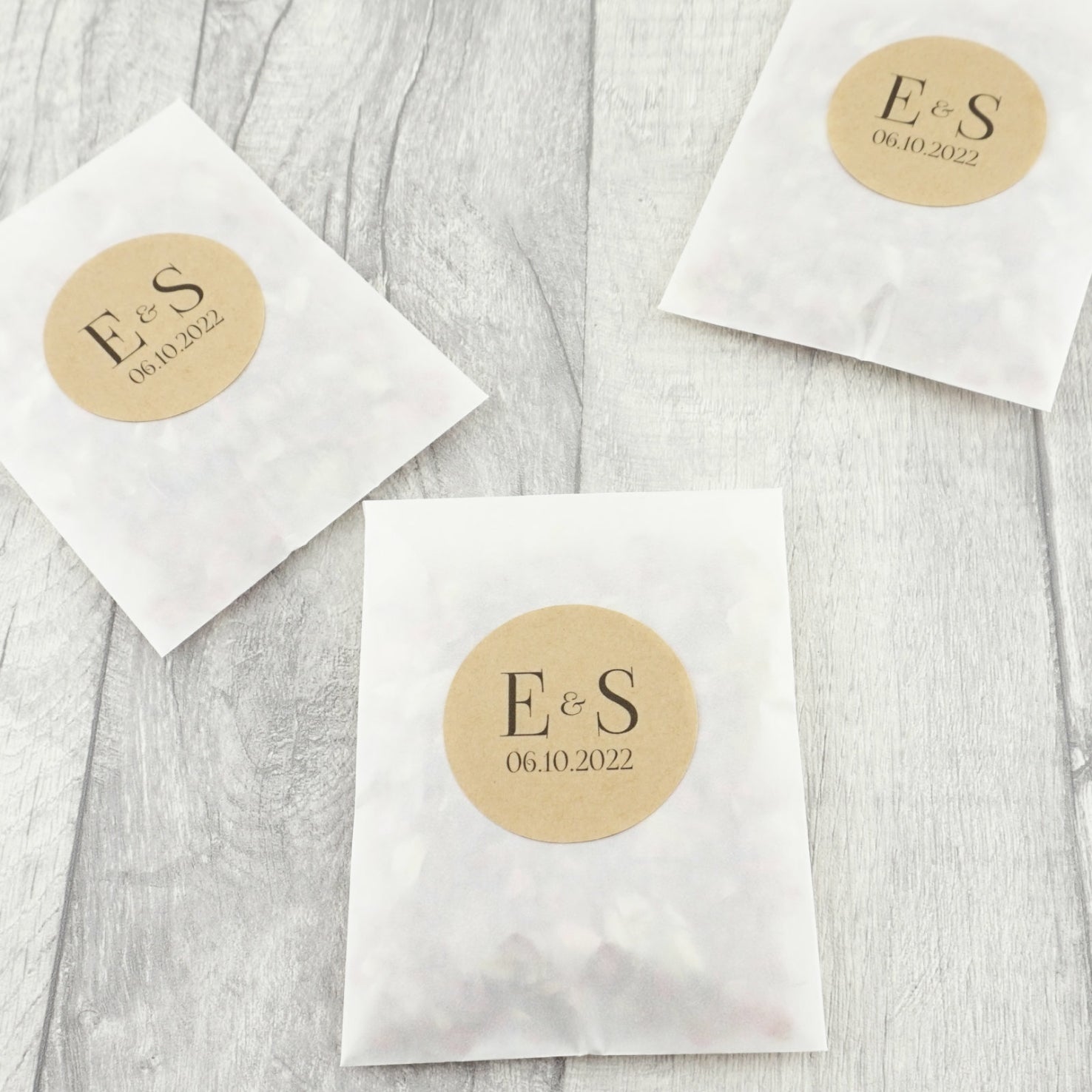 Personalised wedding confetti envelopes with stickers - personalised - Initials - glassine bags - The Dried Petal Company