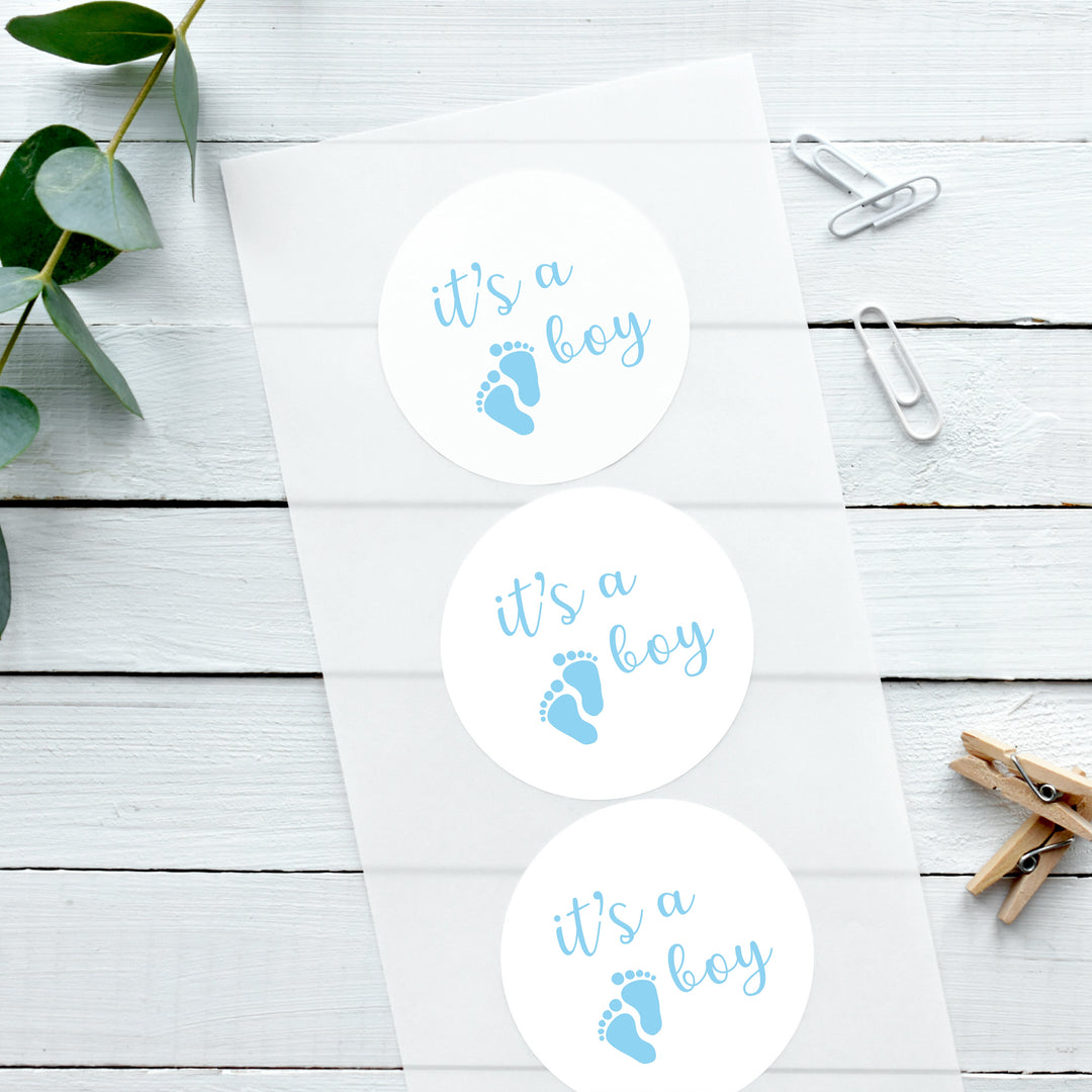 Biodegradable Glossy White Stickers Footprints It's a Boy Baby Shower New Baby Sticker
