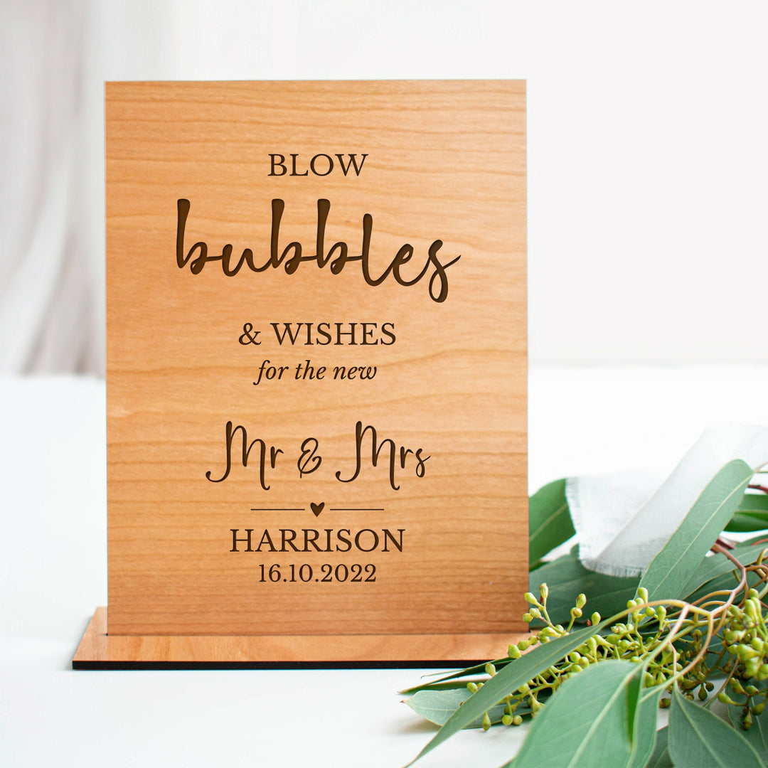 Wooden Laser Engraved Wedding Sign Blow Bubbles & Wishes