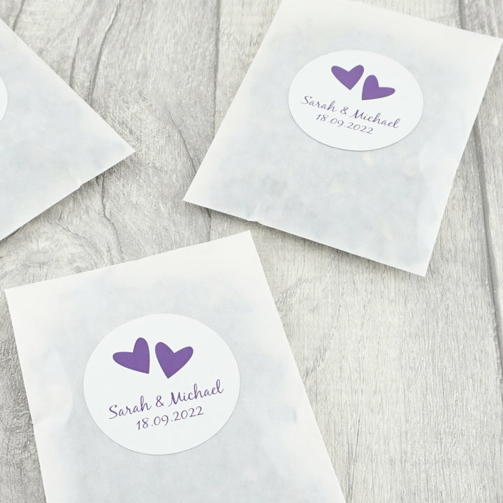 Glassine Envelopes with Personalised Love Heart Sticker & Dried Petal Confetti