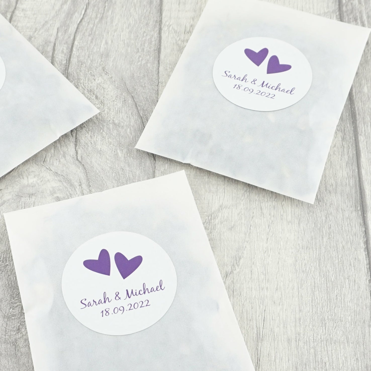 Personalised wedding confetti envelopes with stickers - personalised - Two Hearts - glassine bags - The Dried Petal Company