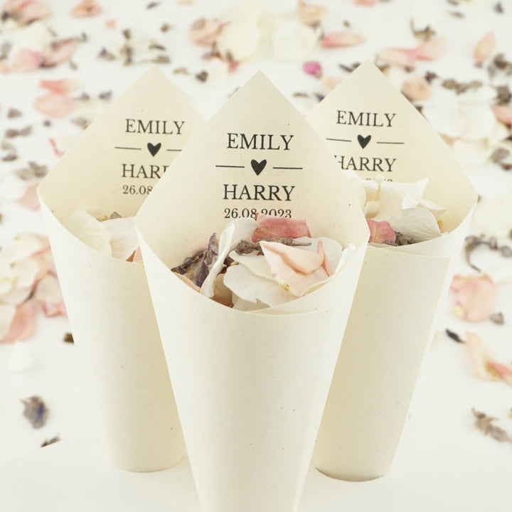 Handcrafted Personalised Love Story Wedding Confetti Cones