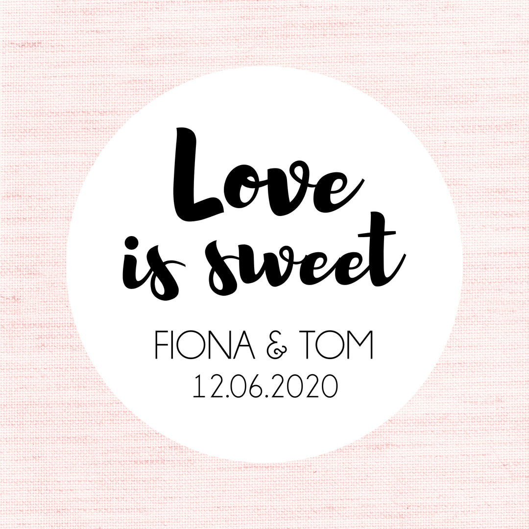 Biodegradable Personalised Glossy White Stickers Contemporary Love is Sweet Wedding Sticker